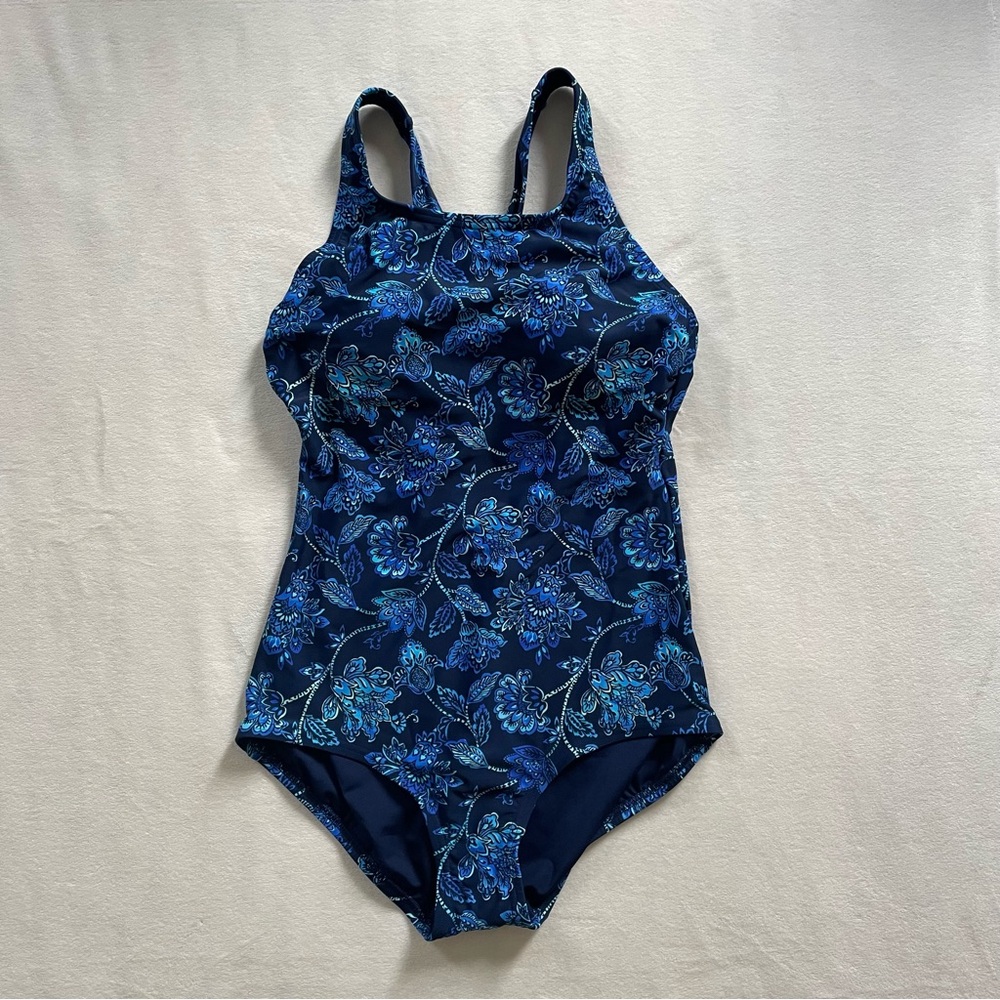 Lands' End Blue Floral Women's One Piece Swimsuit
